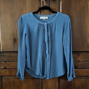 LOFT Textured Blue Blouse with Pleats